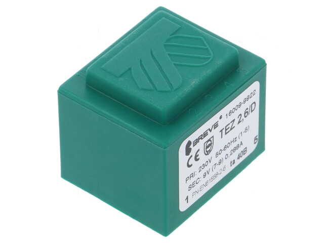 Transformator: ingegoten; 2,6VA; 230VAC; 9V; 289mA; PCB; IP00; TEZ Transformator: ingegoten; 2,6VA; 230VAC; 9V; 289mA; PCB; IP00; TEZ